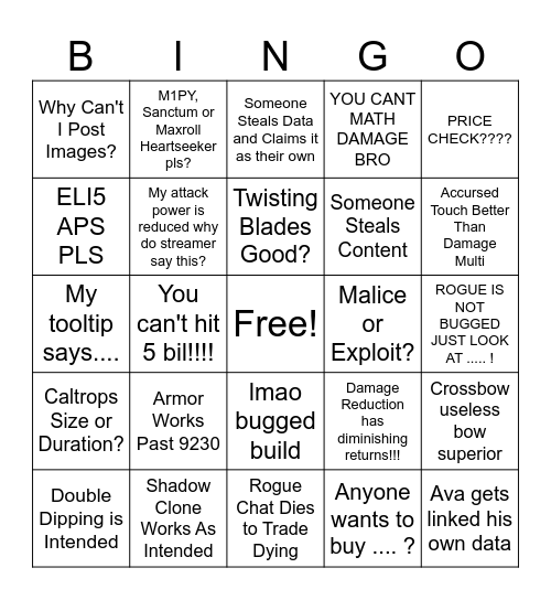 Sanctuary - Rogue Chat Bingo Card