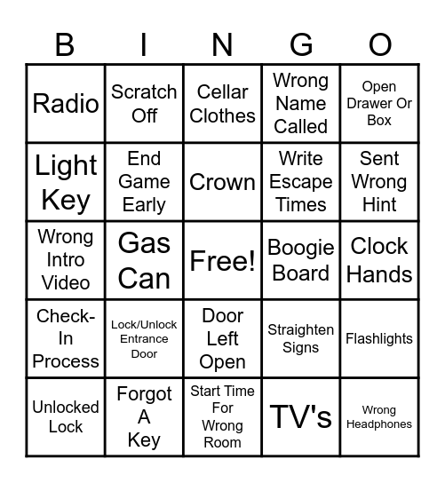 Escape Room Bingo Card