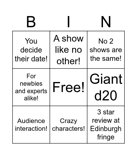 D&D Comedy Show Bingo Card