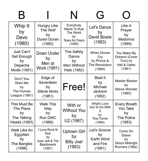 80s Music Bingo Card