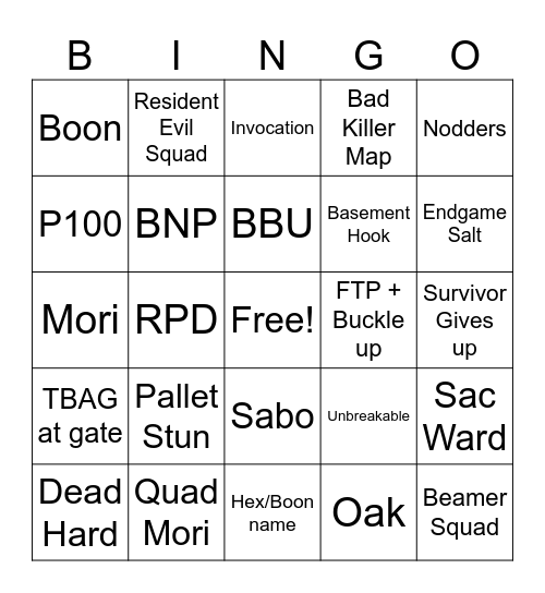 DBD Killer Bingo Card