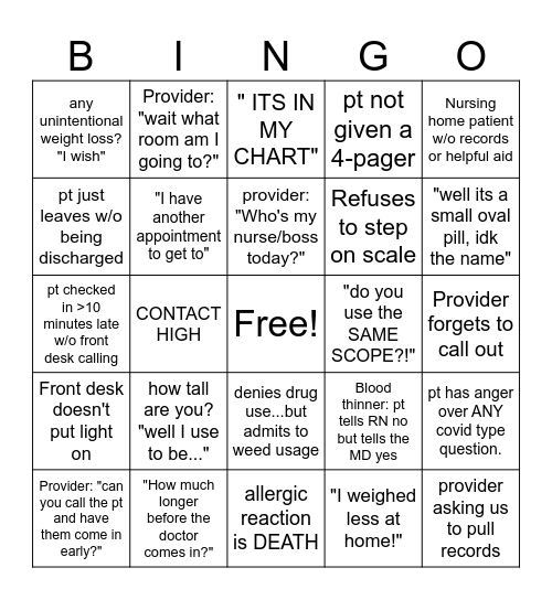 Clinic BINGO Card