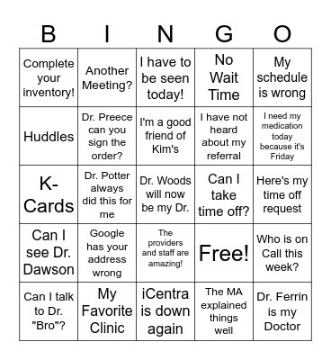 Kaysville Creekside Clinic Bingo Card