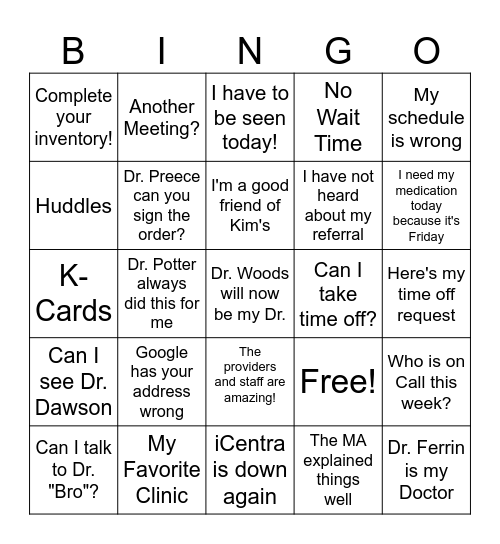 Kaysville Creekside Clinic Bingo Card