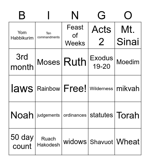 SHAVUOT Bingo Card