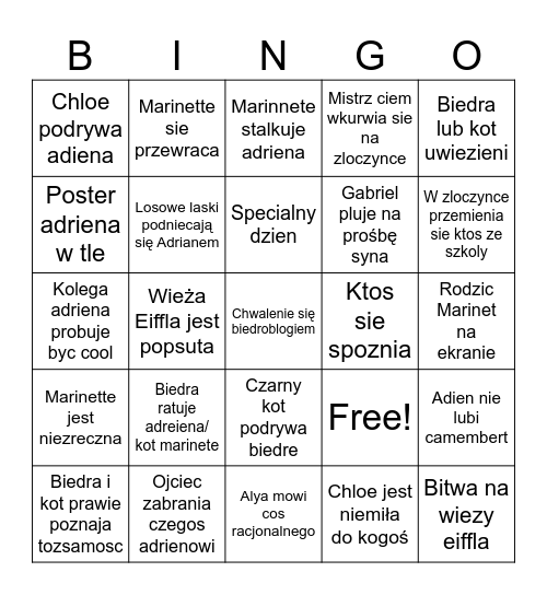 Miraculum Bingo Card