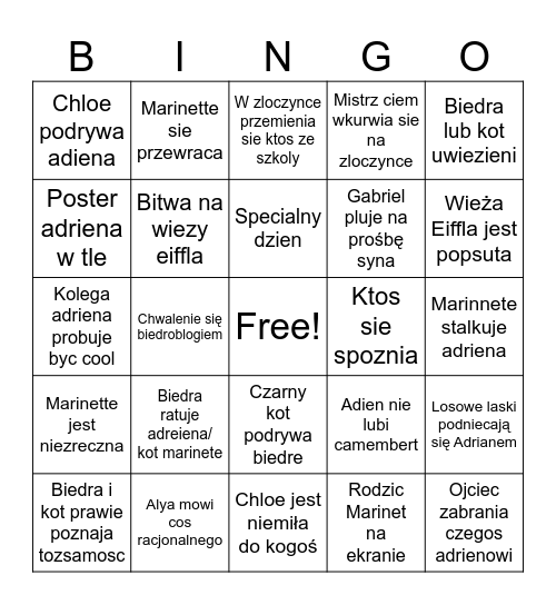 Miraculum Bingo Card