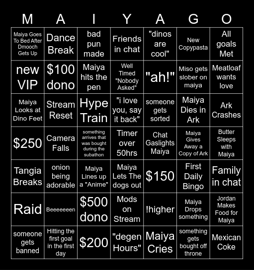 Dino Dono-Thon Bingo Card