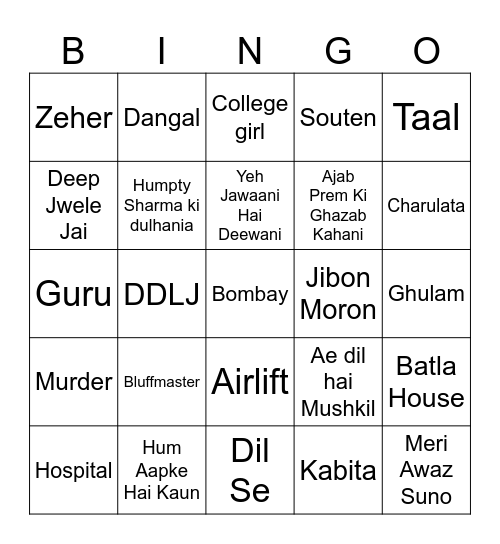 Bollywood Bingo Card