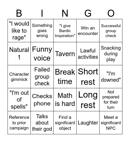 Session 0 Bingo Card