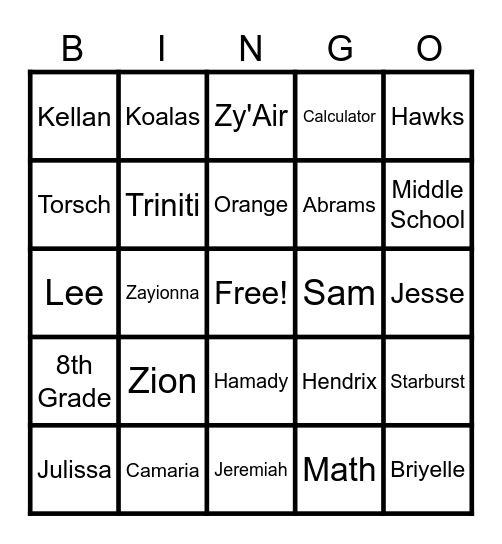 First Hour Bingo Card