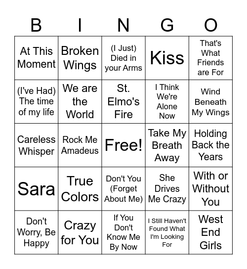 80's Mixtape, '85-'89 Bingo Card