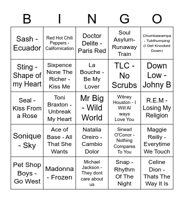 90's HITS Bingo Card
