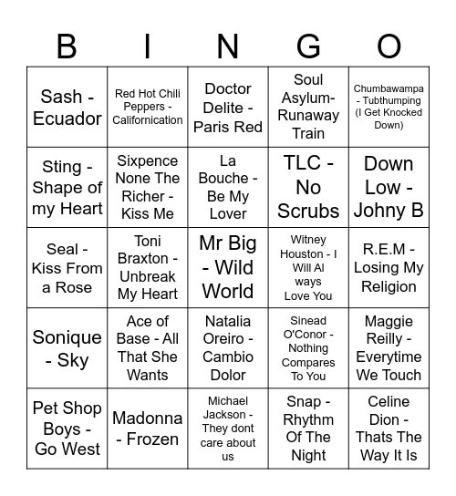 90's HITS Bingo Card