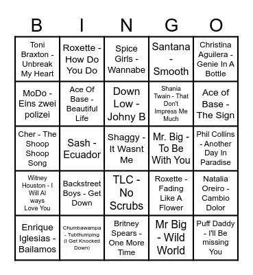90's BEST HITS Bingo Card