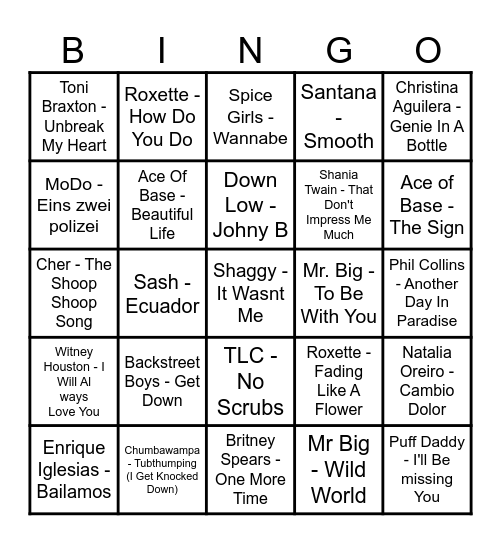 90's BEST HITS Bingo Card