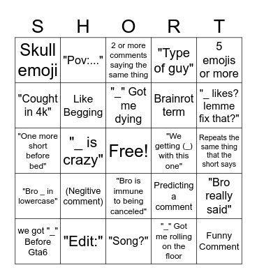 Shorts Comments Bingo Card