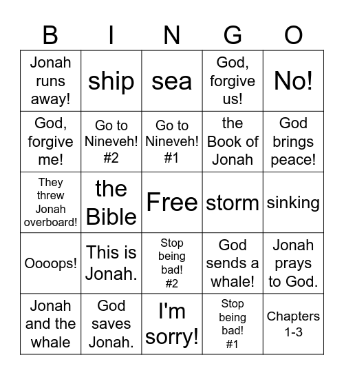 Jonah and the Whale Bingo Card