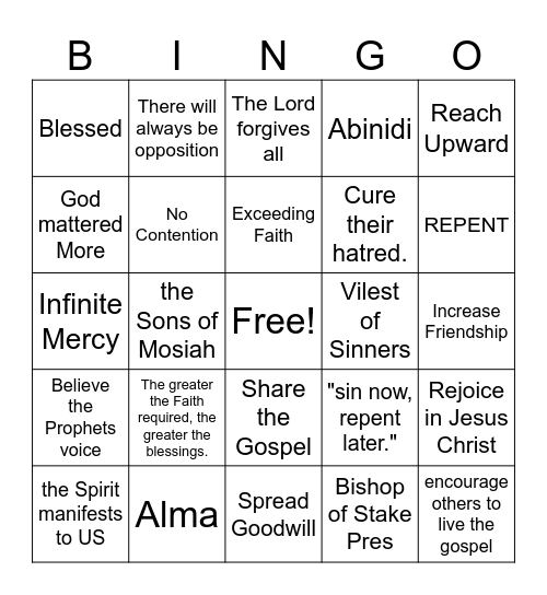 Sons of Mosiah Bingo Card