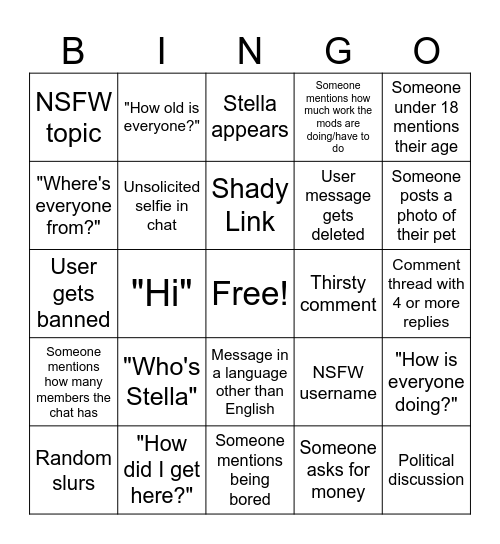 Stella's Friends BINGO Card