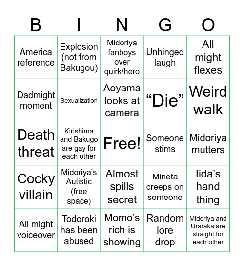 MHA Bingo Card