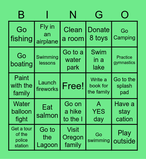 Summer bucket list Bingo Card