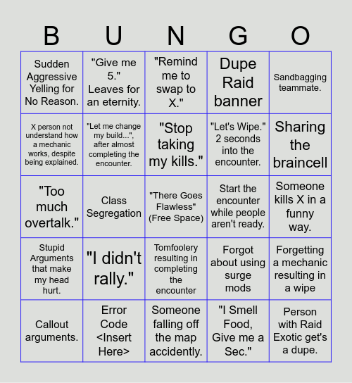 Stupid Raid Bingo Card