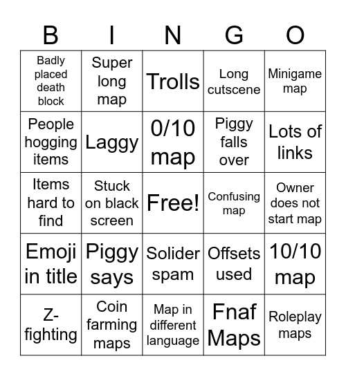Piggy Build Mode Bingo Card