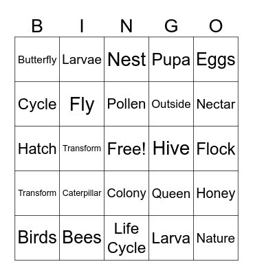 Birds, Bees, Butterflies Bingo Card