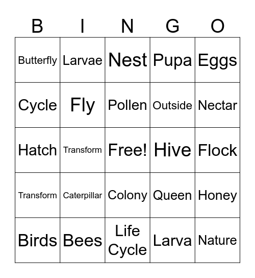 Birds, Bees, Butterflies Bingo Card