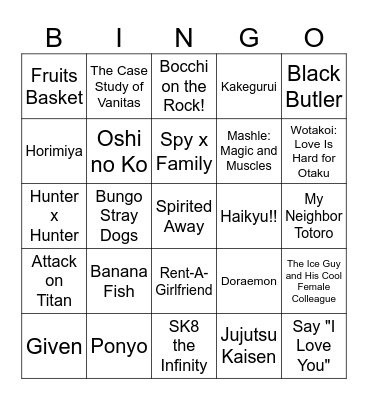 Anime Titles Bingo Card