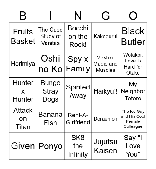 Anime Titles Bingo Card