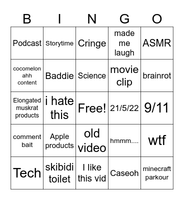 yt shorts bingo Card