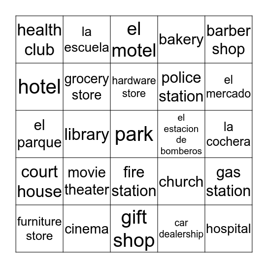 Vocabulario de Lugares Bingo Card