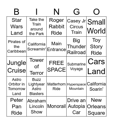 Disneyland R Word Bingo Card