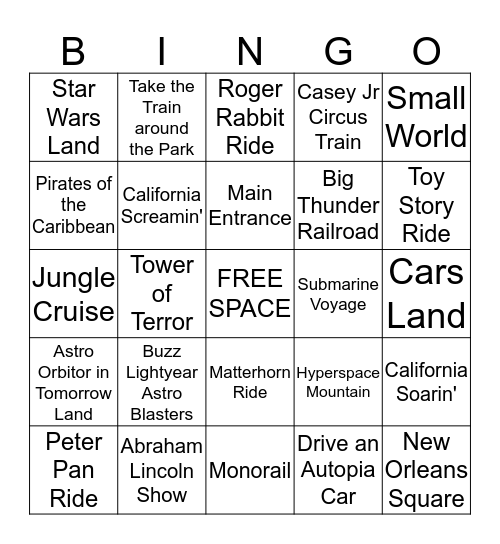 Disneyland R Word Bingo Card