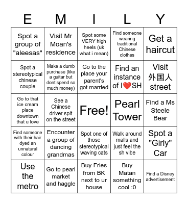 Emily's Shanghainese Spiritual Journey Bingo Card