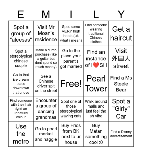 Emily's Shanghainese Spiritual Journey Bingo Card