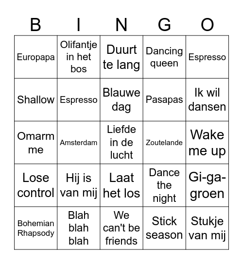 Bingo Hits! Bingo Card