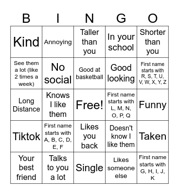 Crush Bingo Card