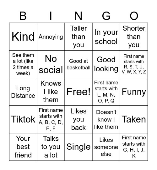 Crush Bingo Card