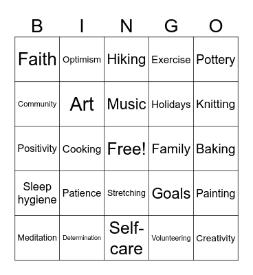 Psychiatric Coping Skills Bingo Card