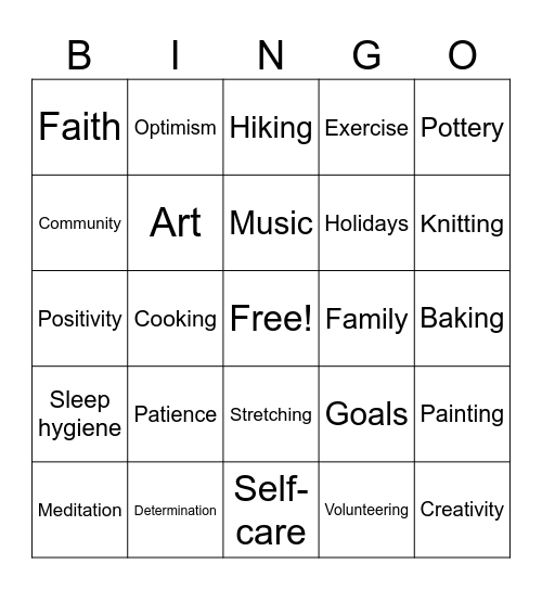 Psychiatric Coping Skills Bingo Card