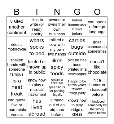 Favorite Things Bingo Card