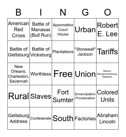 Civil War Bingo Card