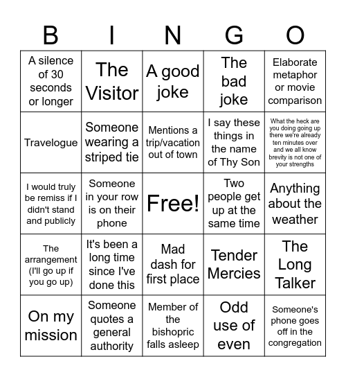 Testimony Bingo Card