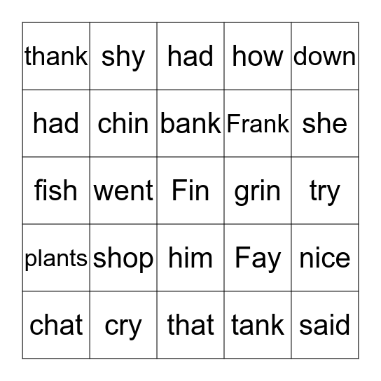 Frank the Fish Tank Bingo Card