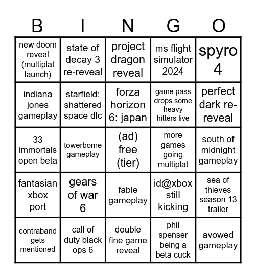 xbro game showcase 24 Bingo Card