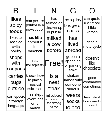 Favorite Things Bingo Card