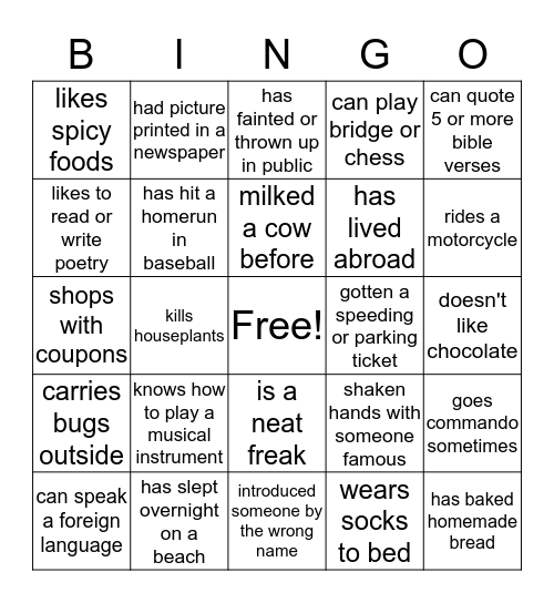 Favorite Things Bingo Card